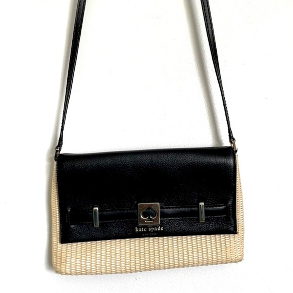 Kate Spade Loula Houston Street Crossbody Purse Bag Black Leather/ Straw - Picture 1 of 9